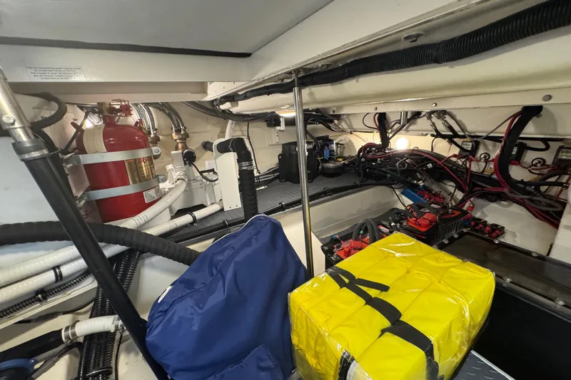 Millennium Falcon Yacht Photos Pics Engine room of 2023 Formula 400 Super Sport Crossover with fire extinguisher and wiring.