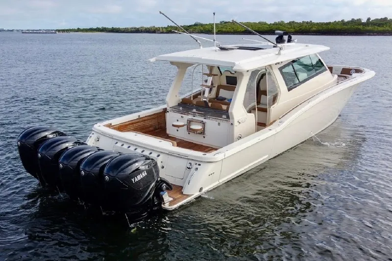 You Only Live Twice Yacht Photos Pics 2020 Scout 530 LXF boat with Yamaha outboard engines on open water.