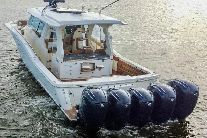 You Only Live Twice Yacht Photos Pics 2020 Scout 530 LXF boat with five powerful outboard engines on water.