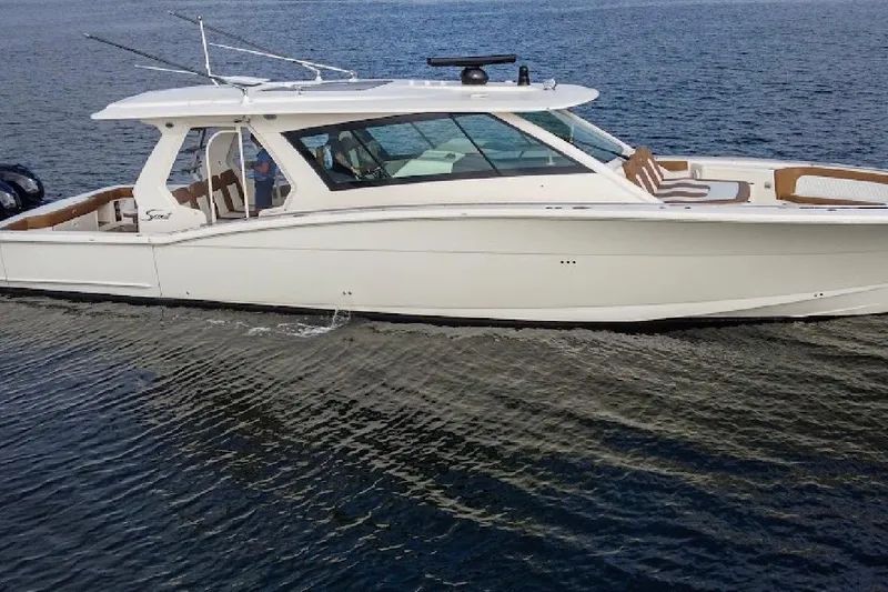 You Only Live Twice Yacht Photos Pics 2020 Scout 530 LXF luxury boat cruising on open water.