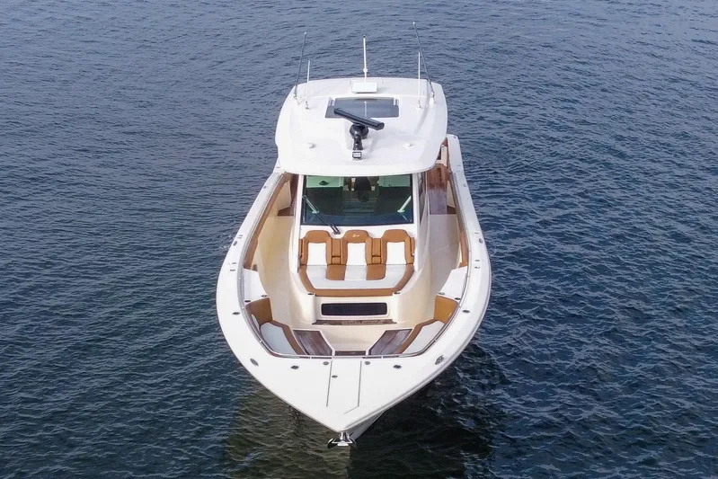 You Only Live Twice Yacht Photos Pics 2020 Scout 530 LXF luxury boat on open water, aerial view.