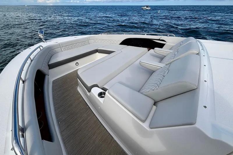  Yacht Photos Pics 2022 Sea Ray Sundancer 370 Outboard with luxurious seating on open water.