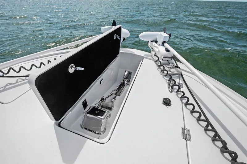 Down Range Yacht Photos Pics 2023 Barker Boatworks 40 HPC bow with open storage compartment on the water.