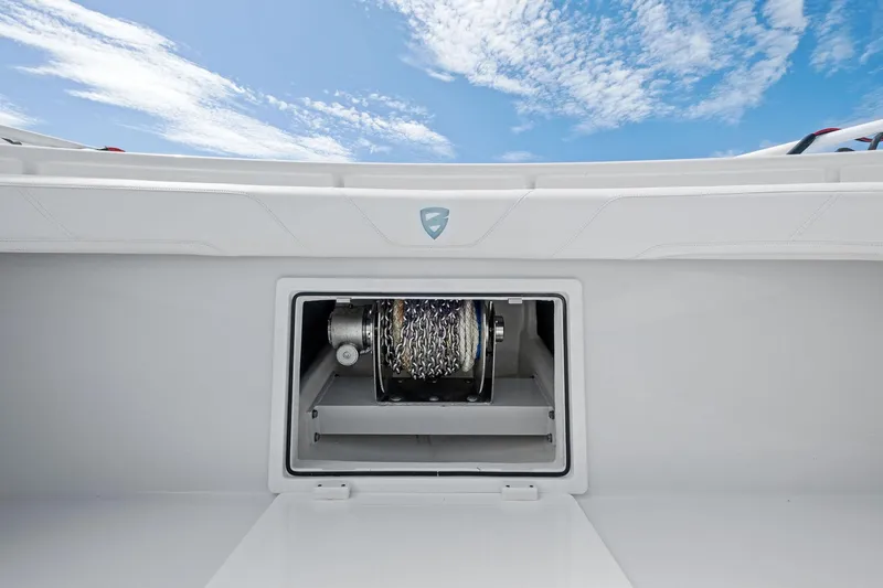 Down Range Yacht Photos Pics 2023 Barker Boatworks 40 HPC anchor compartment under blue sky.