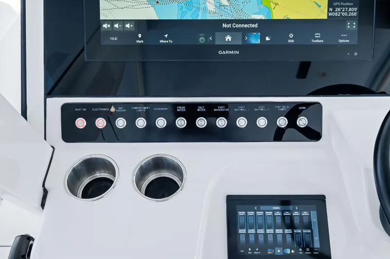 Down Range Yacht Photos Pics Control panel of 2023 Barker Boatworks 40 HPC with Garmin navigation display.