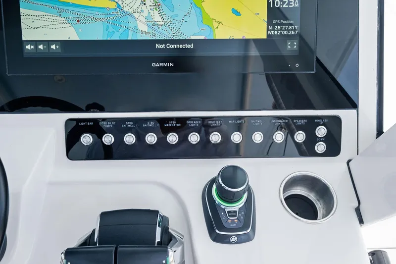 Down Range Yacht Photos Pics Control panel of 2023 Barker Boatworks 40 HPC with Garmin navigation display.