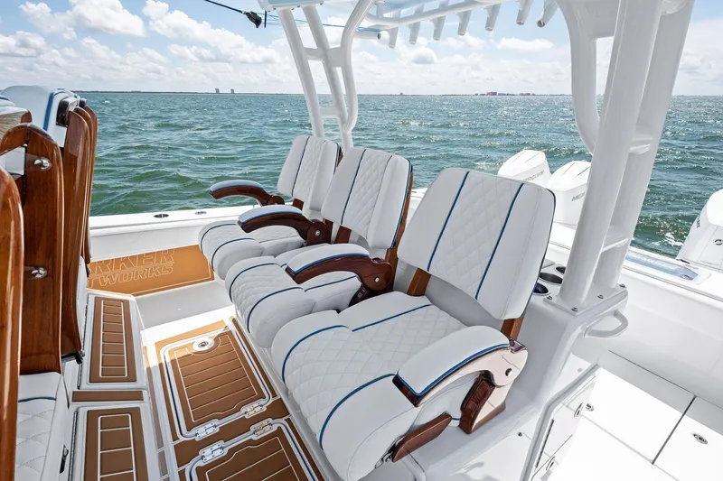 Down Range Yacht Photos Pics 2023 Barker Boatworks 40 HPC interior with luxurious seating on open water.