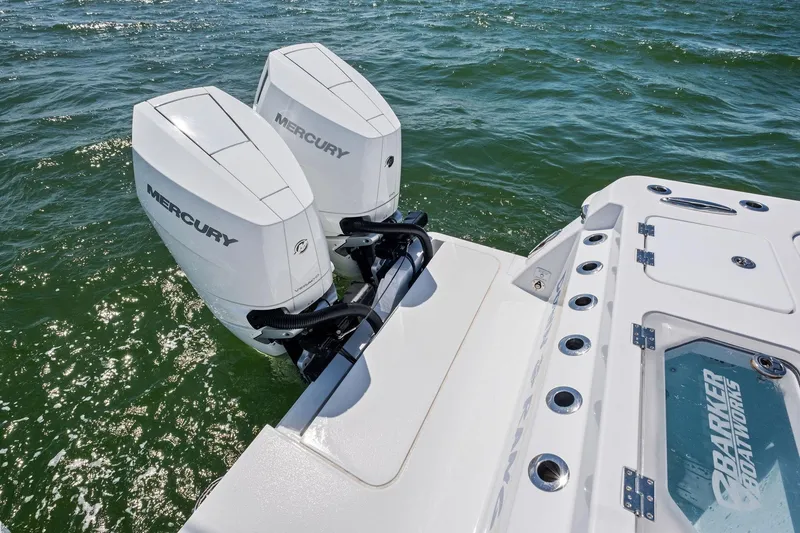 Down Range Yacht Photos Pics 2023 Barker Boatworks 40 HPC with dual Mercury outboard engines on water.