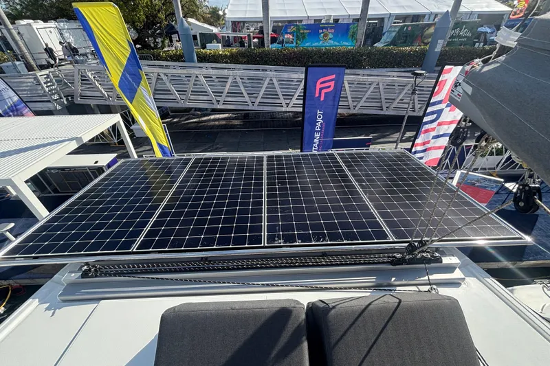 The Ilusion Yacht Photos Pics Solar panels on 2025 Fountaine Pajot 41 catamaran at a boat show.