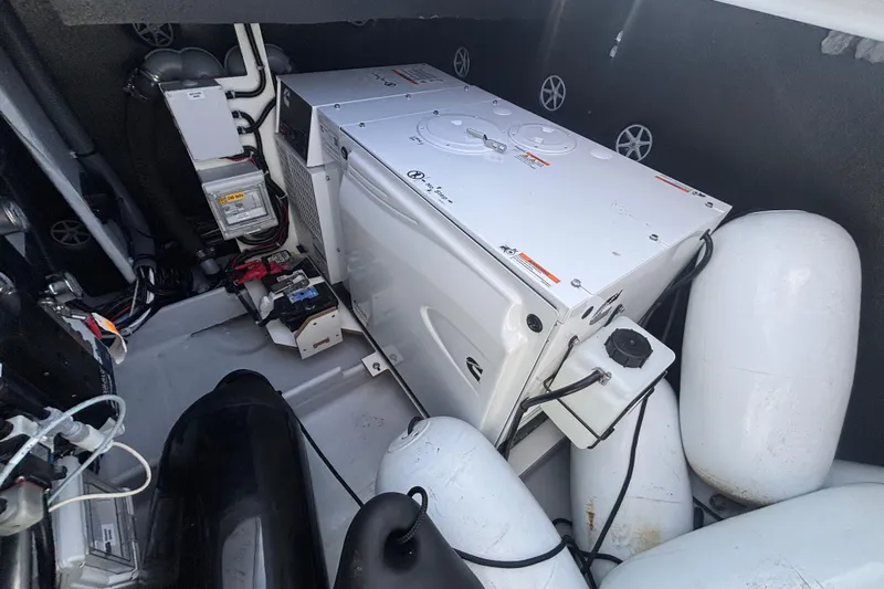 The Ilusion Yacht Photos Pics Engine compartment of 2025 Fountaine Pajot 41 catamaran with equipment and components.