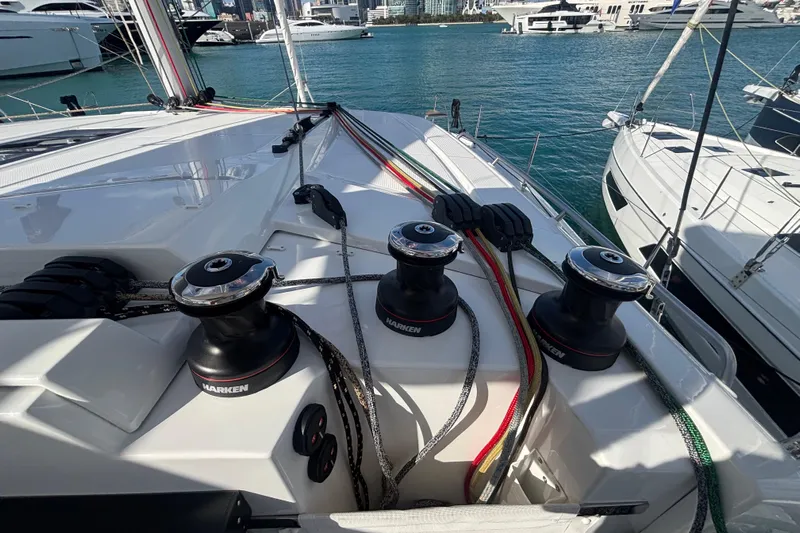 The Ilusion Yacht Photos Pics 2025 Fountaine Pajot 41 yacht deck with Harken winches and colorful ropes.