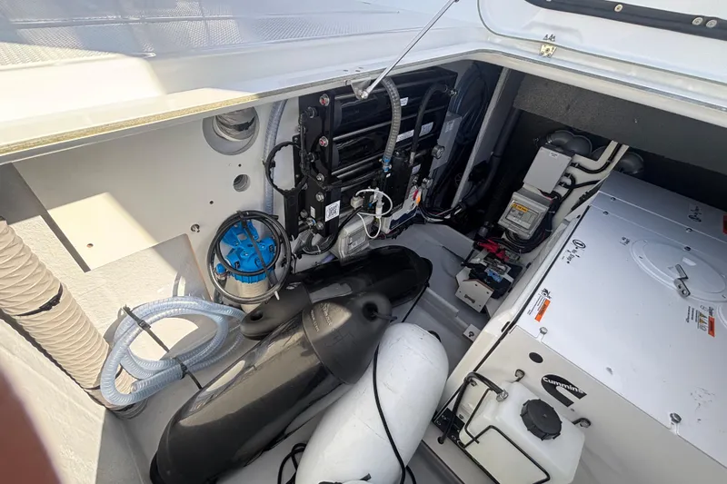 The Ilusion Yacht Photos Pics Engine compartment of 2025 Fountaine Pajot 41 yacht, showcasing mechanical components and systems.