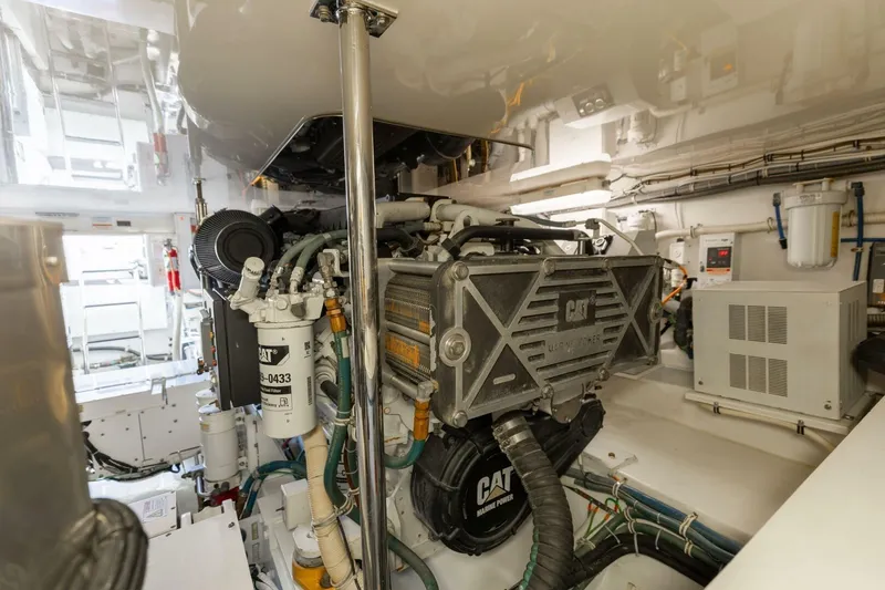  Yacht Photos Pics Engine room of 2012 Hatteras 60 GT yacht featuring CAT marine power system.