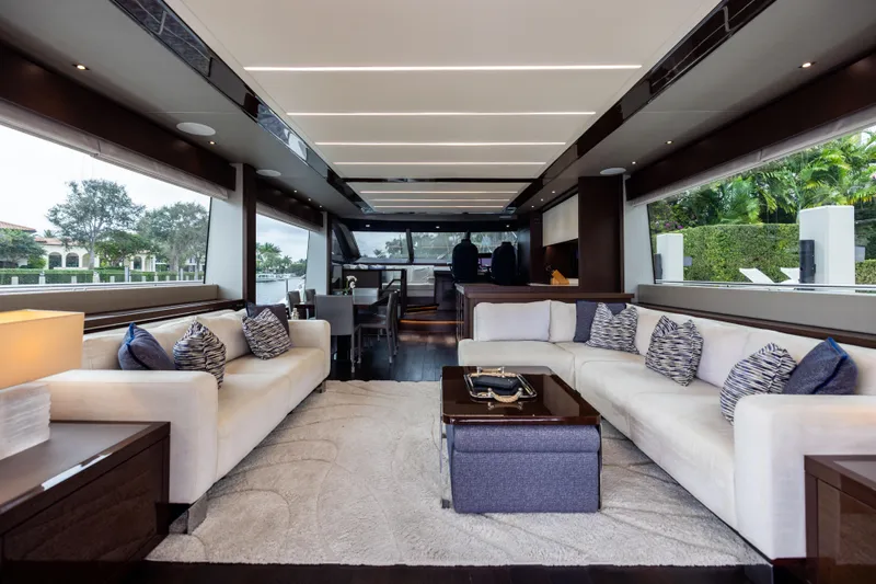 Journey Yacht Photos Pics Luxurious interior of 2019 Sunseeker 76 yacht with elegant seating and modern decor.