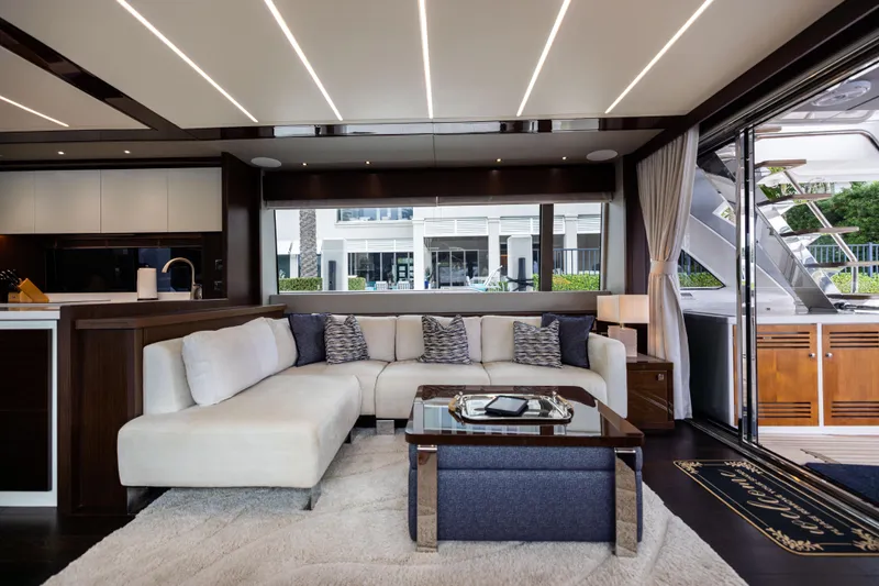 Journey Yacht Photos Pics Luxurious interior of 2019 Sunseeker 76 yacht with elegant seating and modern design.