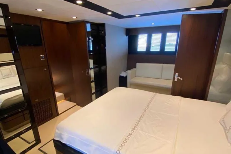  Yacht Photos Pics Luxurious cabin interior of 2014 Fairline Squadron 78 yacht with modern furnishings.