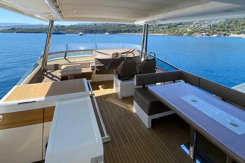  Yacht Photos Pics Luxurious 2014 Fairline Squadron 78 yacht deck with seating, overlooking serene blue waters.