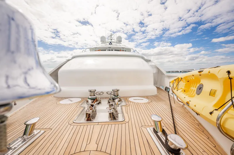 Island Heiress Yacht Photos Pics Luxurious 1996 Cheoy Lee 145 Global Series yacht deck with clear sky and ocean view.