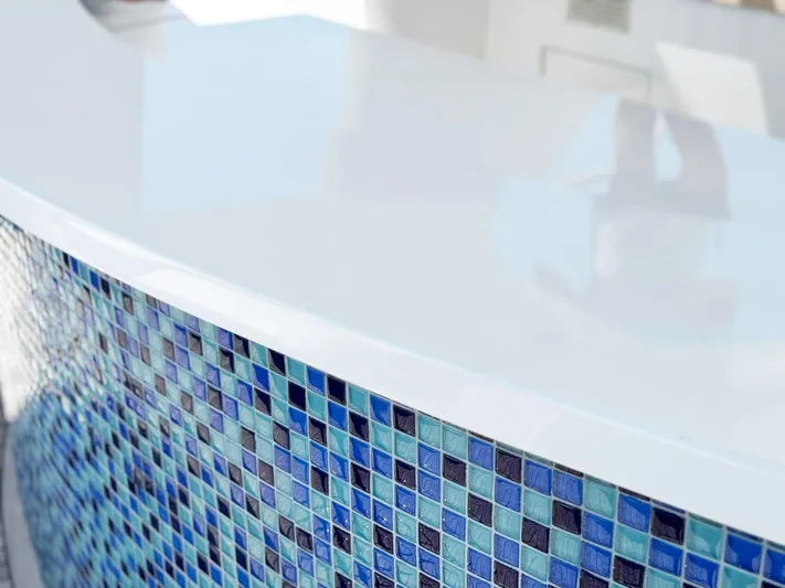 Island Heiress Yacht Photos Pics Blue mosaic tiles on Cheoy Lee 145 Global Series yacht, 1996 model.