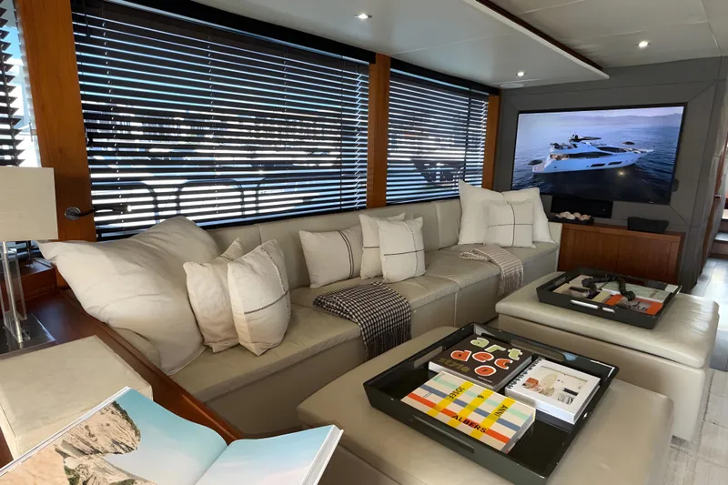 Kastelan Yacht Photos Pics Luxurious interior of 2015 Sunseeker 28 Metre Yacht with plush seating and modern decor.