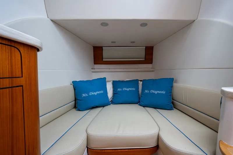 Mrs Diagnosis Yacht Photos Pics Interior of 2020 Intrepid 407 Panacea boat with blue cushions and beige seating.