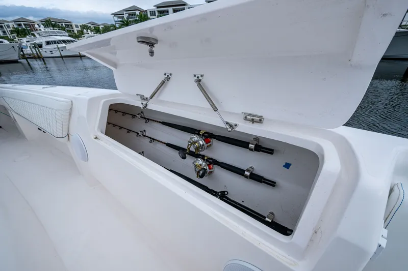 Mrs Diagnosis Yacht Photos Pics 2020 Intrepid 407 Panacea boat with open fishing rod storage compartment.