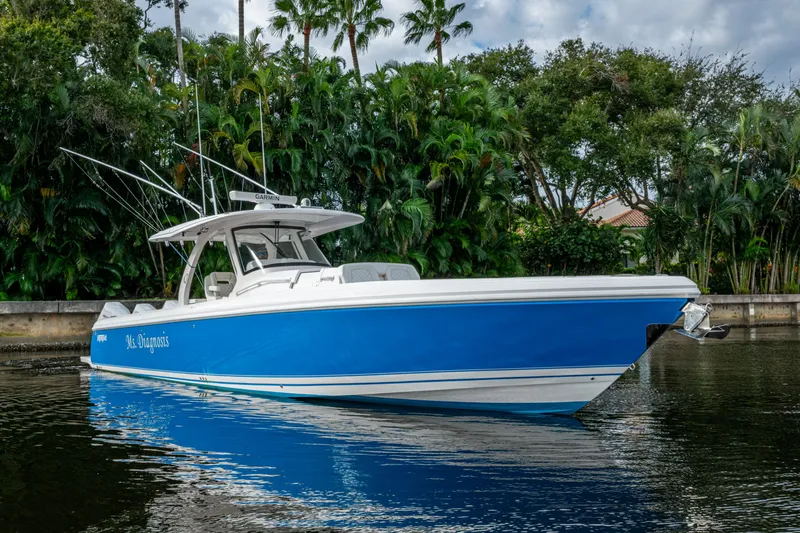 Mrs Diagnosis Yacht Photos Pics 2020 Intrepid 407 Panacea boat on water, surrounded by lush greenery.