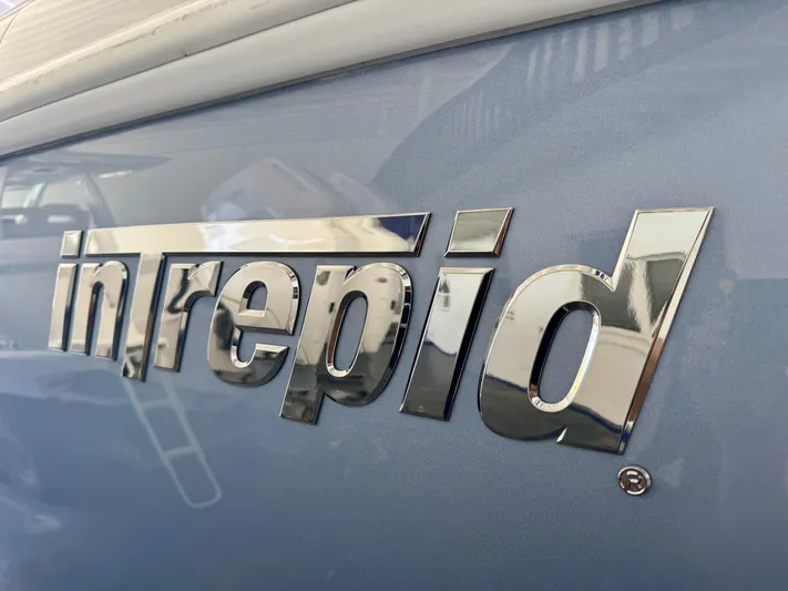  Yacht Photos Pics Chrome "Intrepid" logo on 2025 Intrepid 41 Panacea boat.