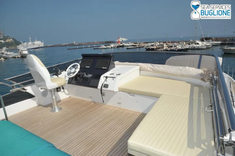 Elisa II Yacht Photos Pics Flybridge of 2018 Azimut 77 S yacht with helm and seating, docked at marina.