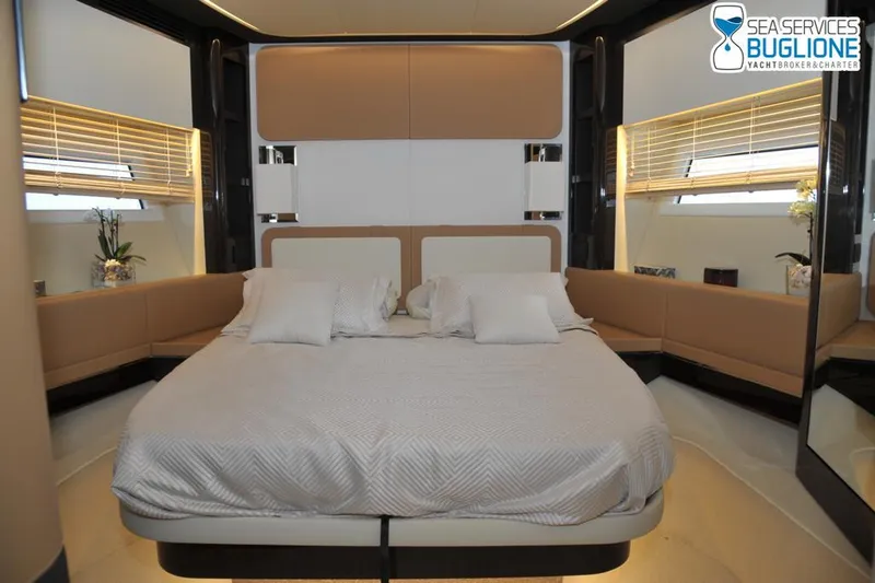 Elisa II Yacht Photos Pics Luxurious bedroom interior of 2018 Azimut 77 S yacht with modern design and elegant furnishings.