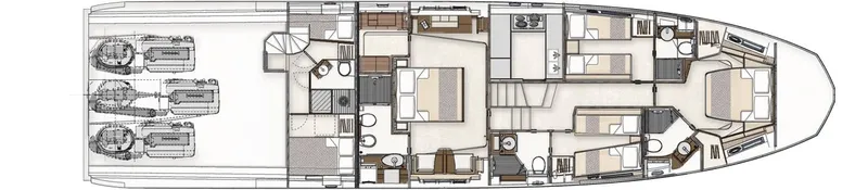Elisa II Yacht Photos Pics Floor plan of a 2018 Azimut 77 S yacht, showcasing interior layout and engine placement.