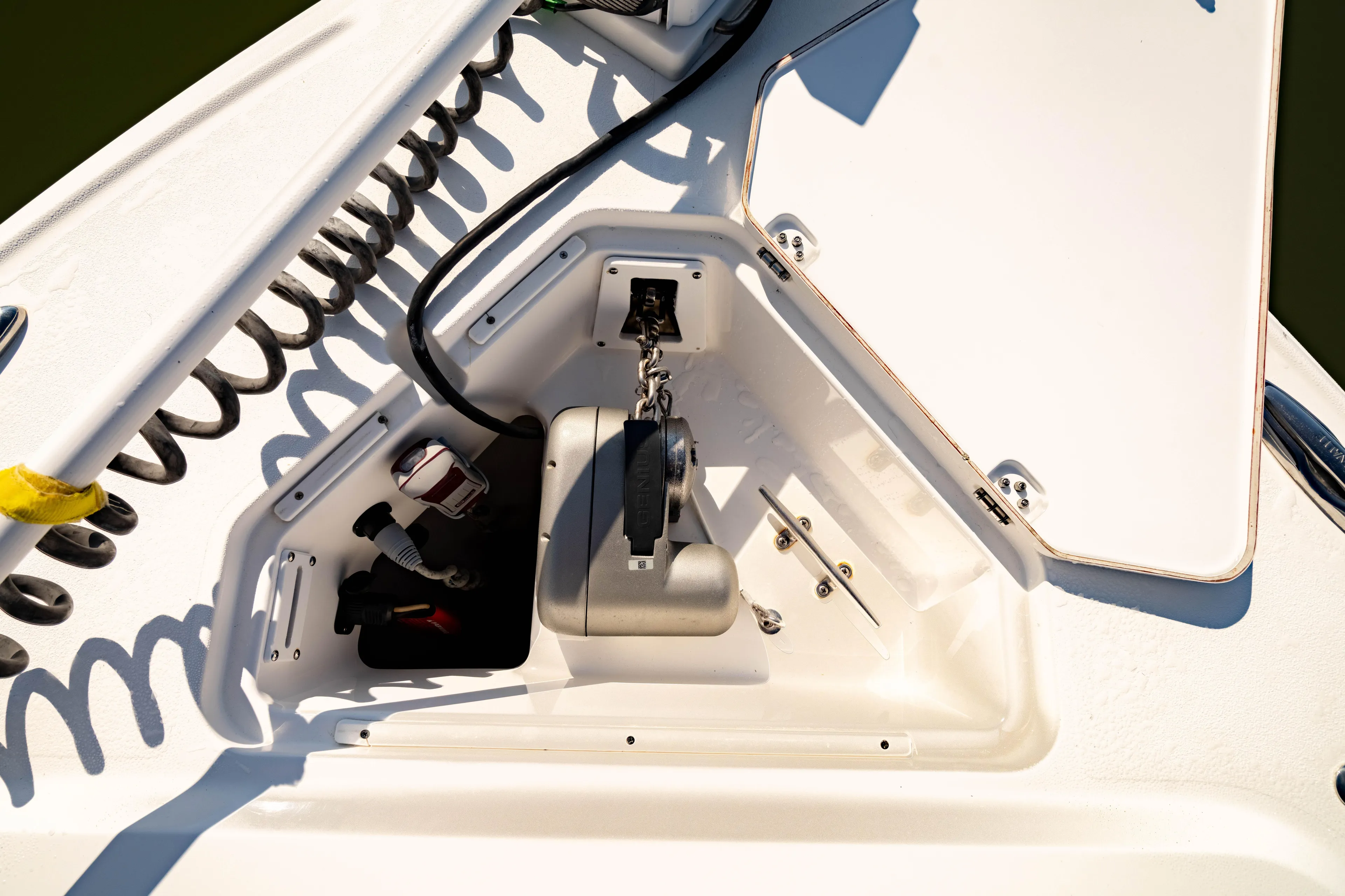  Yacht Photos Pics 2022 Crevalle 33 CSF boat anchor compartment with chain and winch system.