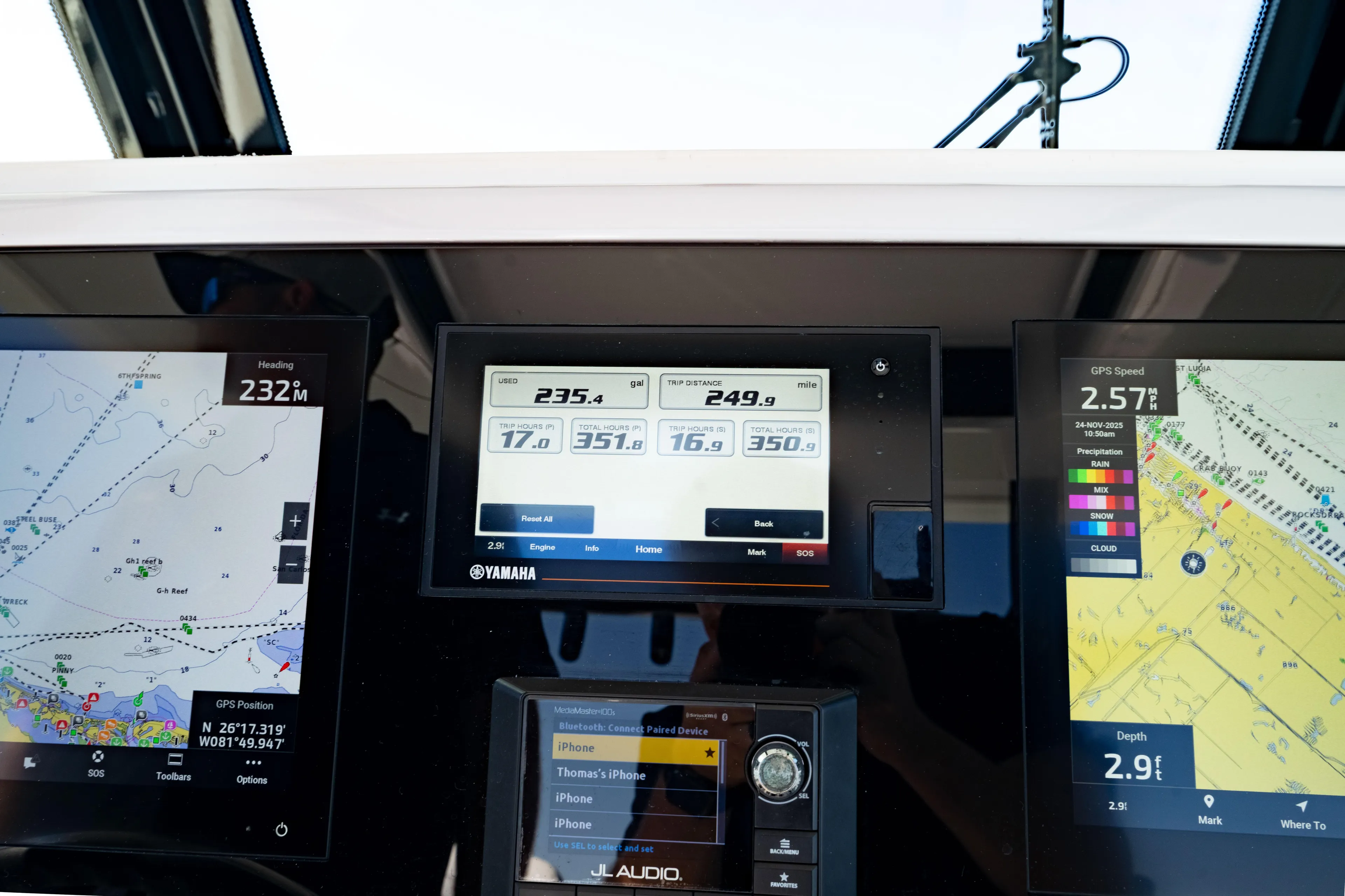  Yacht Photos Pics Dashboard of 2022 Crevalle 33 CSF boat with navigation and engine displays.