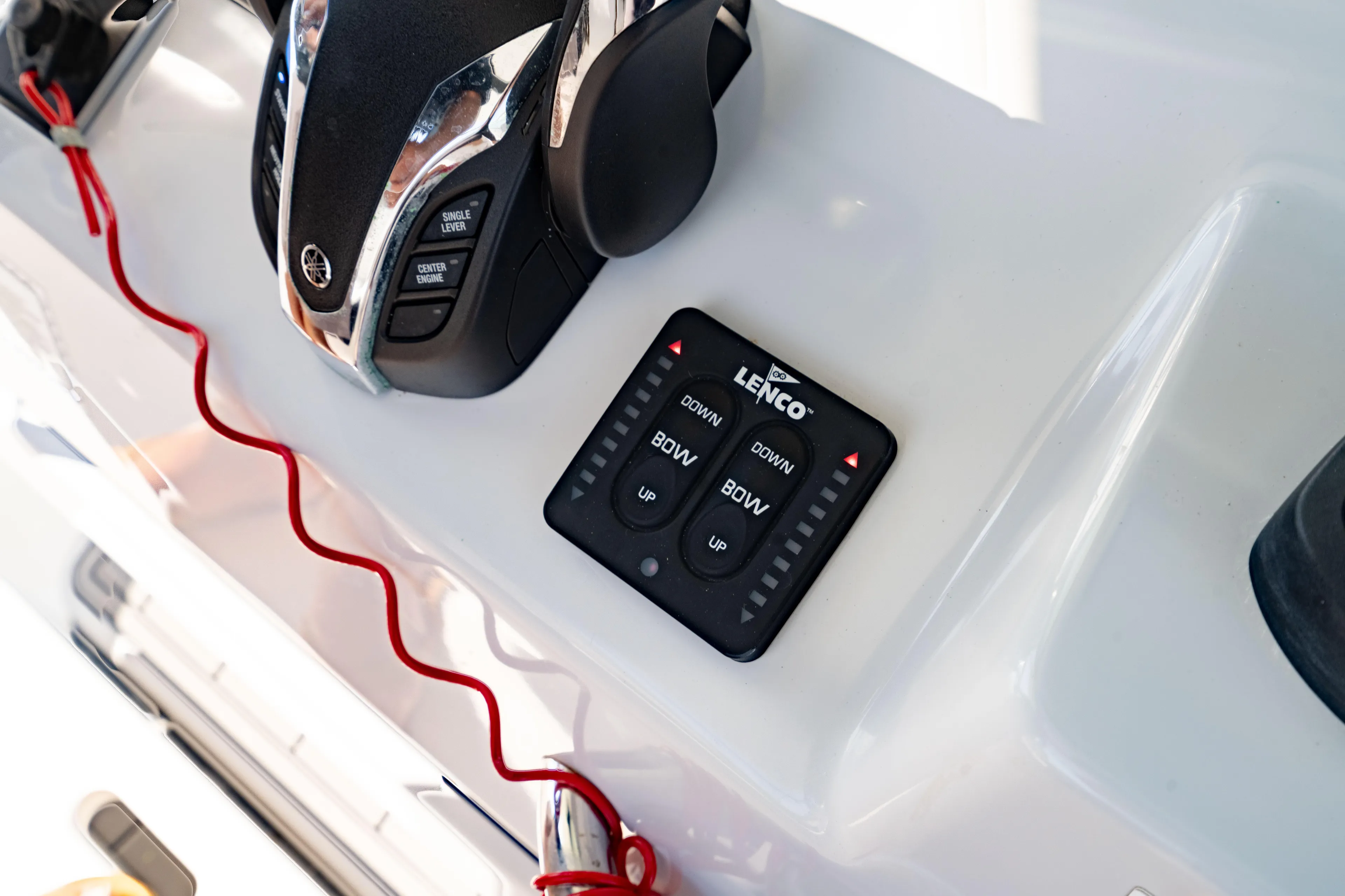 Yacht Photos Pics Control panel of 2022 Crevalle 33 CSF boat with Lenco trim tab switches.
