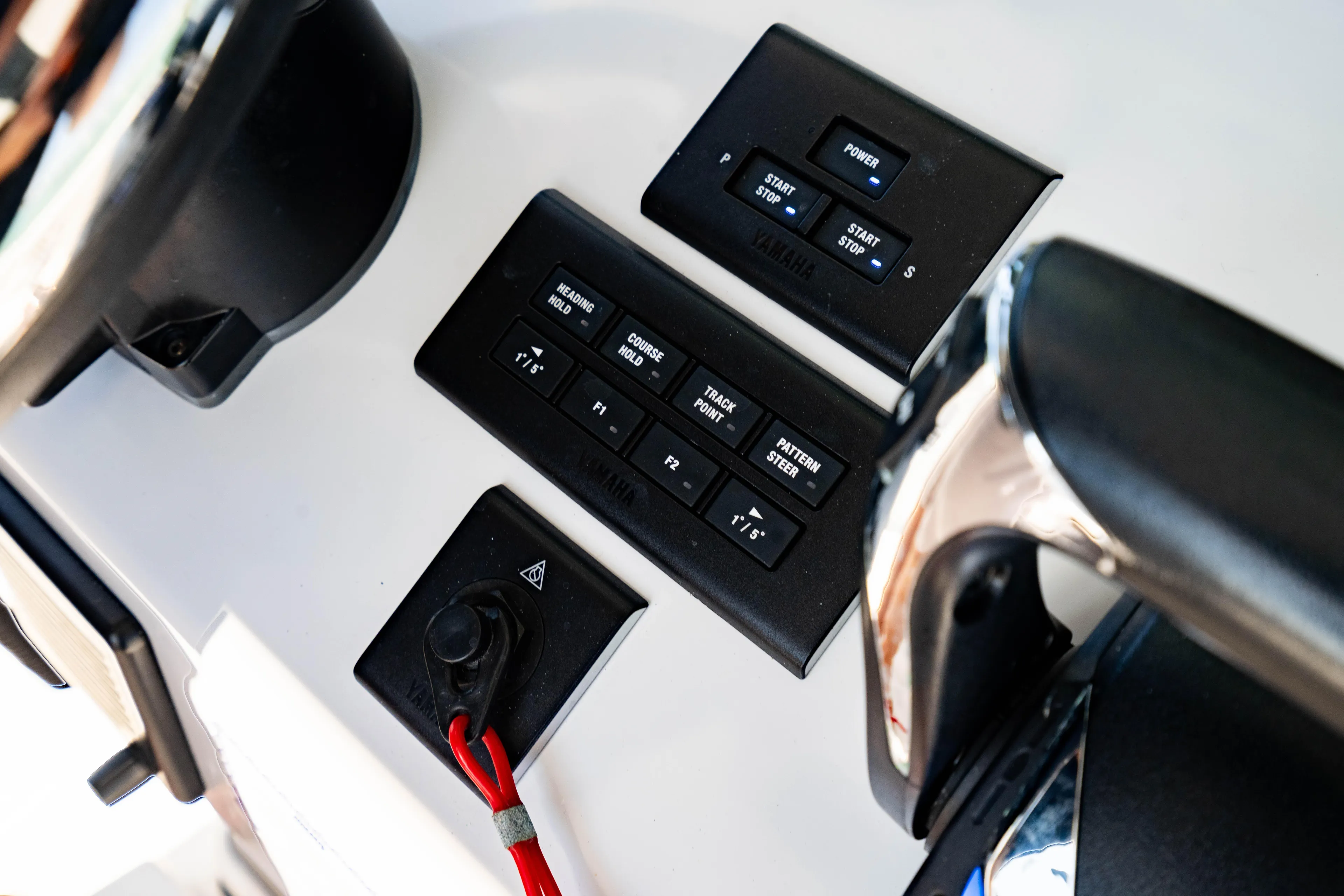  Yacht Photos Pics Control panel of 2022 Crevalle 33 CSF boat with Yamaha controls.