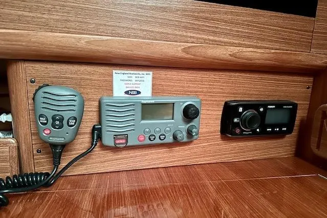  Yacht Photos Pics 2015 Catalina 315 yacht interior with communication and audio equipment.