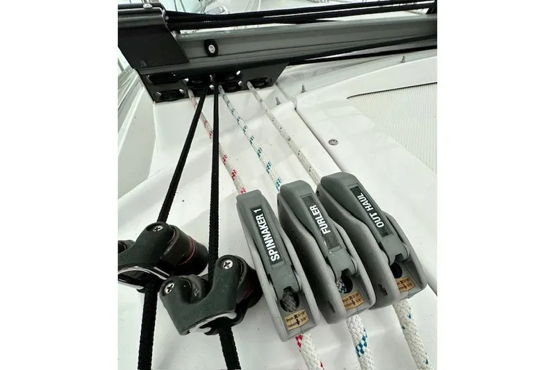  Yacht Photos Pics Sailboat rigging controls on a 2015 Catalina 315, featuring spinnaker, furler, and outhaul lines.