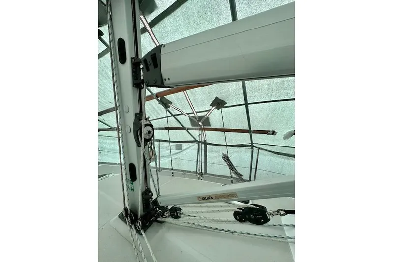 Yacht Photos Pics Close-up of Catalina 315 sailboat rigging and mast, 2015 model, under a protective cover.