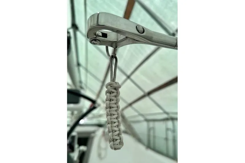  Yacht Photos Pics Close-up of a Catalina 315 sailboat's rigging detail, featuring a braided rope loop.