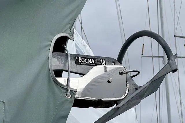  Yacht Photos Pics Rocna anchor on a 2015 Catalina 315 sailboat, secured with a protective cover.