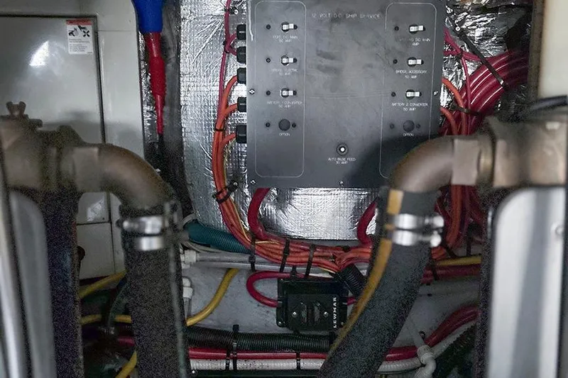  Yacht Photos Pics Engine room wiring and control panel of a 2002 Silverton 42 Convertible boat.