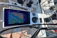 Cockpit of 2023 Solaris 50 yacht with navigation display and controls.