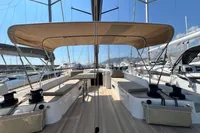 2023 Solaris 50 yacht deck with seating and canopy in marina.