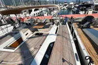 2023 Solaris 50 yacht docked at a marina, showcasing sleek deck design.