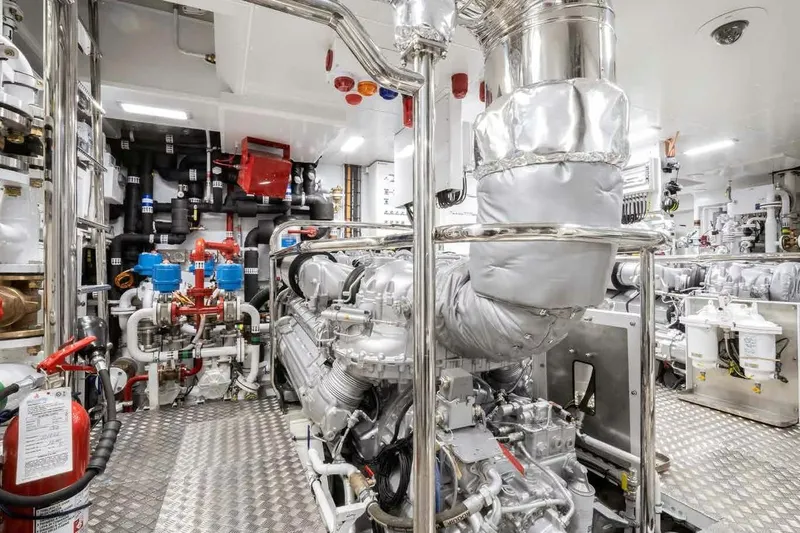 Oceano 44 Yacht Photos Pics Engine room of 2027 Mangusta Oceano 44 yacht, featuring advanced machinery and equipment.