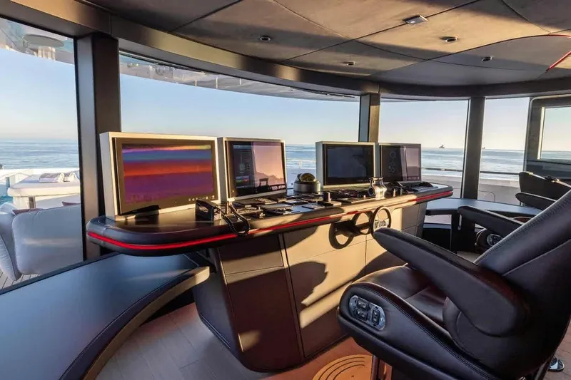 Oceano 44 Yacht Photos Pics Modern helm of 2027 Mangusta Oceano 44 yacht with panoramic ocean views.