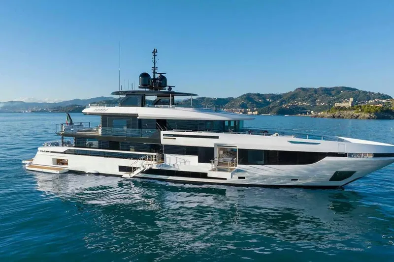 Oceano 44 Yacht Photos Pics Luxurious 2027 Mangusta Oceano 44 yacht cruising in scenic coastal waters.