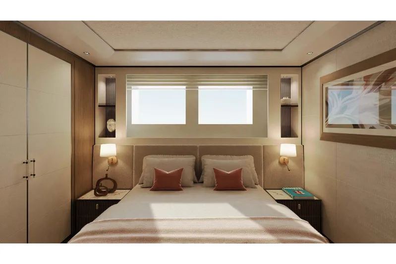 Oceano 44 Yacht Photos Pics Luxurious bedroom interior of 2027 Mangusta Oceano 44 yacht, featuring elegant decor and modern lighting.