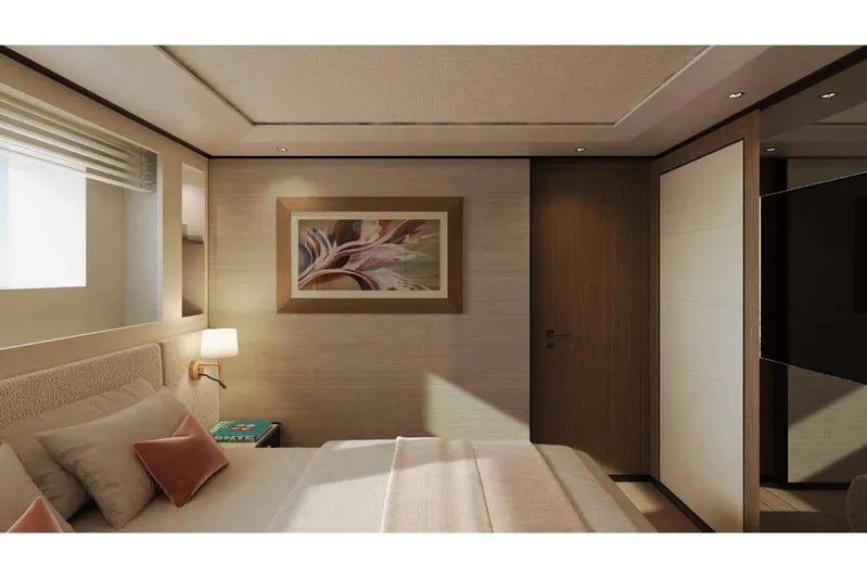 Oceano 44 Yacht Photos Pics Luxurious bedroom interior of 2027 Mangusta Oceano 44 yacht, featuring elegant decor and modern design.