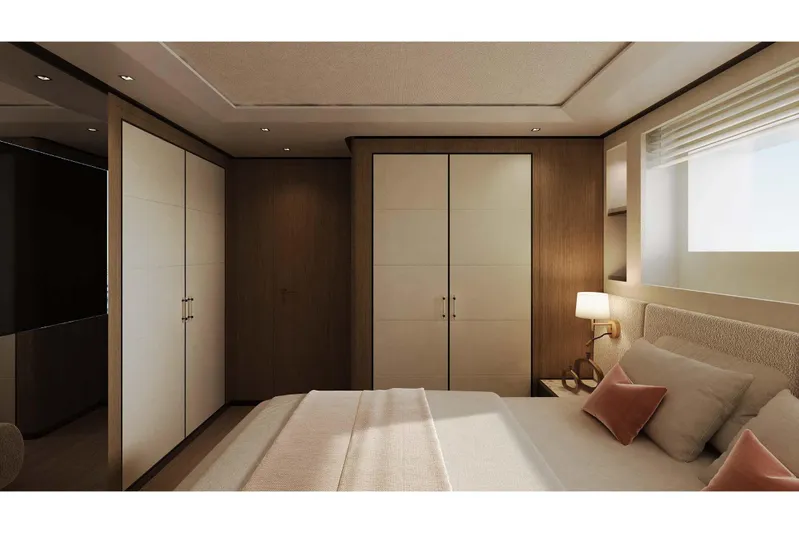 Oceano 44 Yacht Photos Pics Luxurious bedroom interior of 2027 Mangusta Oceano 44 yacht with modern design and cozy ambiance.